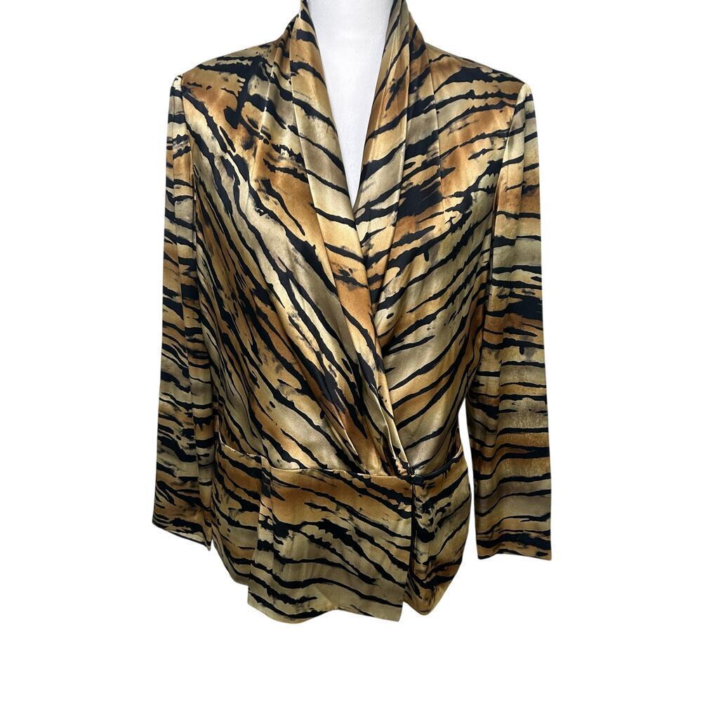 Dana Buchman 100%‎ silk wrap peplum animal print long sleeve blouse size 12P